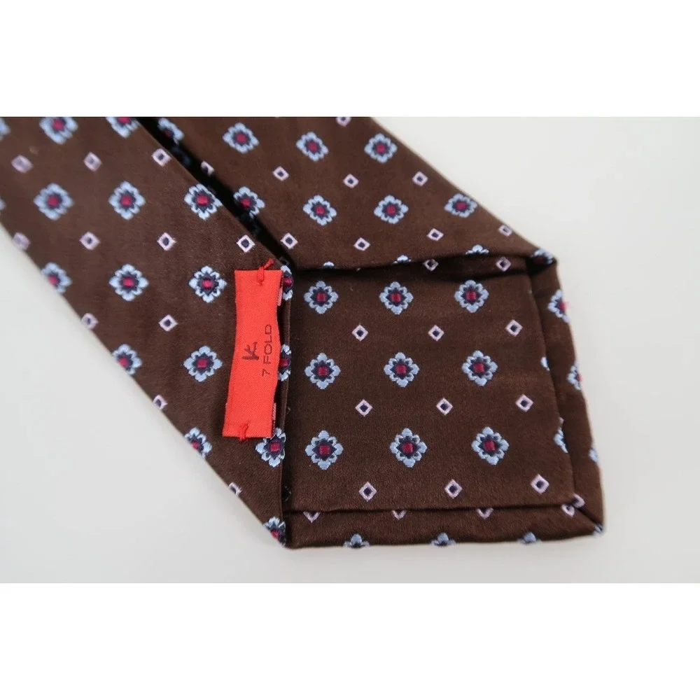 Isaia Napoli Silk Tie Mens OS Brown Blue Floral Geometric 7-Fold Handmade Italy - Picture 3 of 10